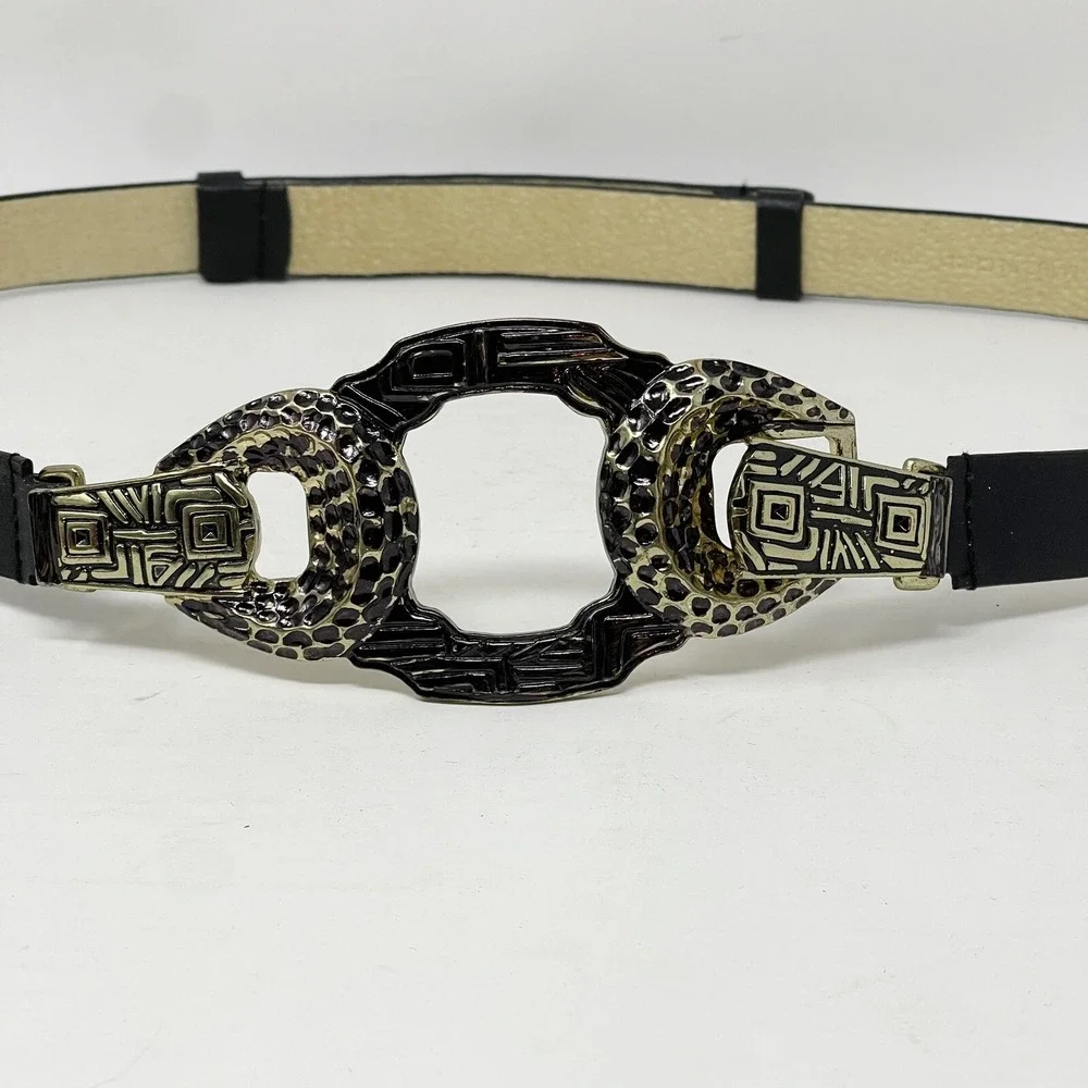 CHICOS Belt Womens M/L Adjustable Gold Tone Aztec Buckle Black Leather Statement